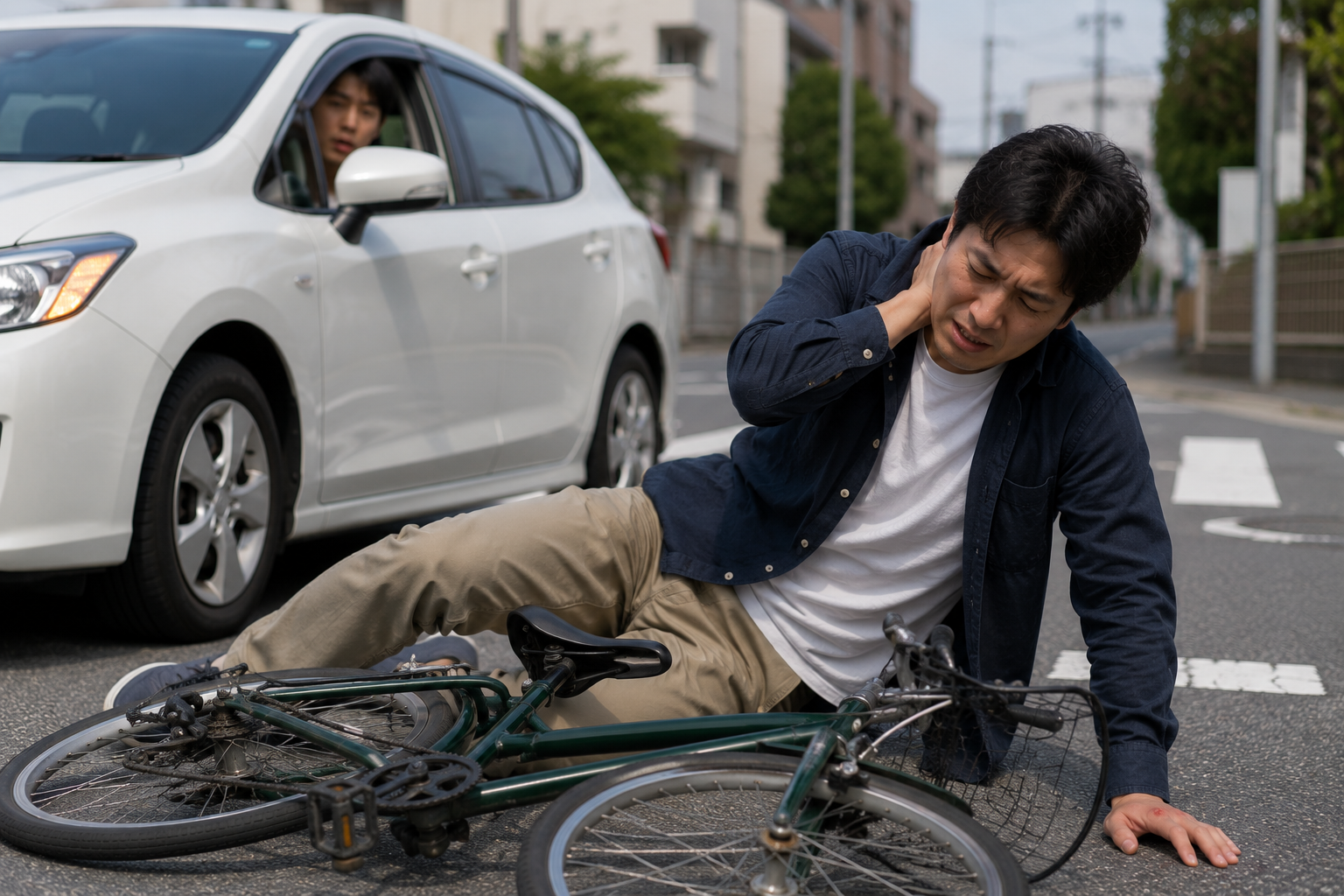自転車事故で転倒し首と手に痛みがある男性のイメージ